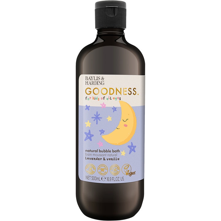 Baylis & Harding Goodness 500 ml naturligt skumbad i mørkebrun flaske med en gul måne og stjerner på etiketten