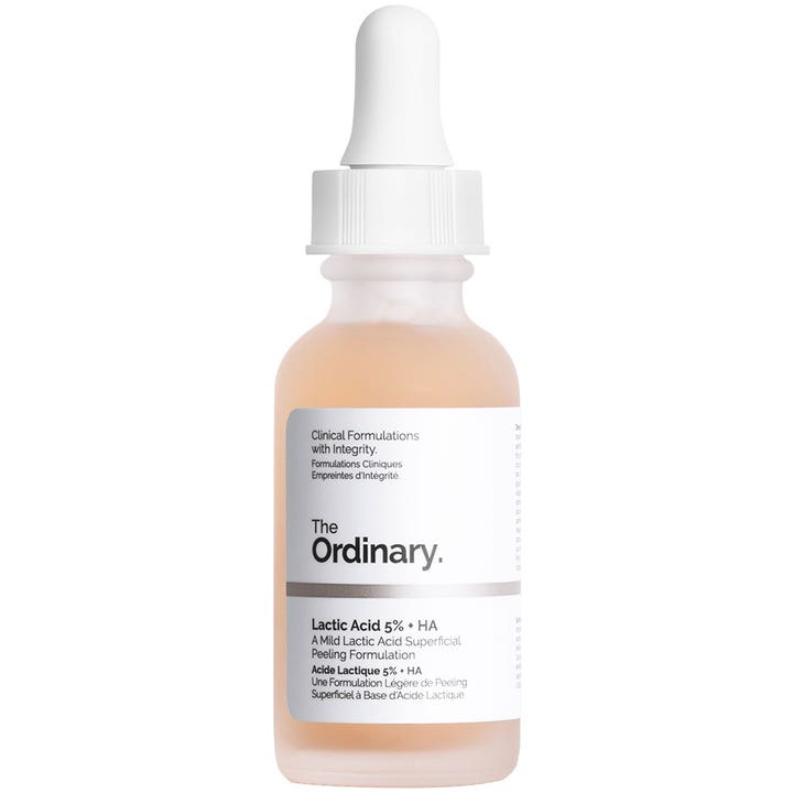 The Ordinary Lactic Acid 5% + HA 30ml eksfolierende serum der giver jævn hud i frostet glasflaske med hvid pipette