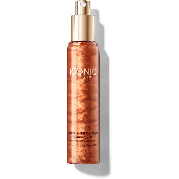 ICONIC London Prep Set Tan 75 ml selvbruner spray giver glød i en klar flaske med gyldent glimmer