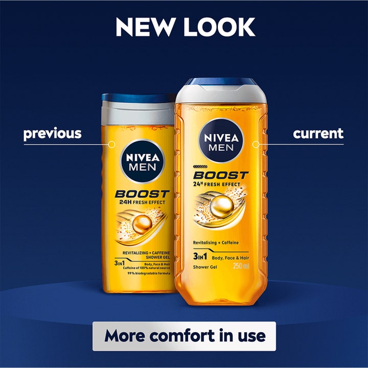 NIVEA Men Boost Shower Gel 250 ml bodyshampoo viser sammenligning af gammelt design og nyt NEW LOOK for mere komfort