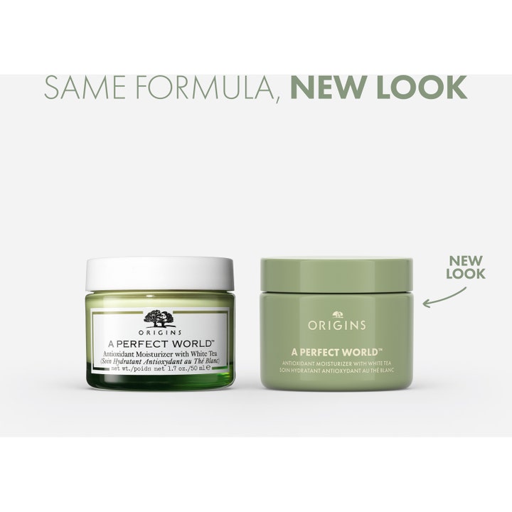 Origins A Perfect World 50 ml antioxidant dagcreme viser nyt salviegrønt design ved siden af den gamle krukke.