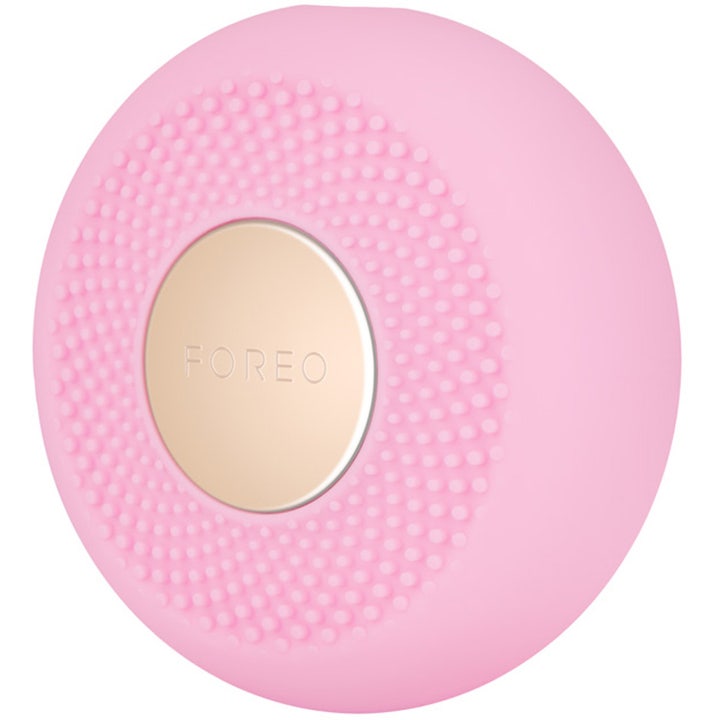 FOREO UFO mini 2 Pearl Pink hudplejeenhed til ansigtsmasker i lyserød nubret silikone med guldplade
