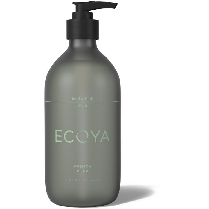 Ecoya French Pear Hand & Body Wash 450 ml plejende kropsvask i en grå frostet flaske med sort pumpe