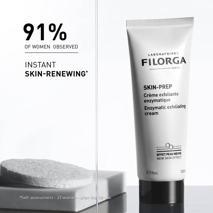 Filorga Skin-Prep Enzymatic Exfoliating Cream 75 ml ansigtspeeling i hvid tube giver fornyet hud ved en rensesvamp.