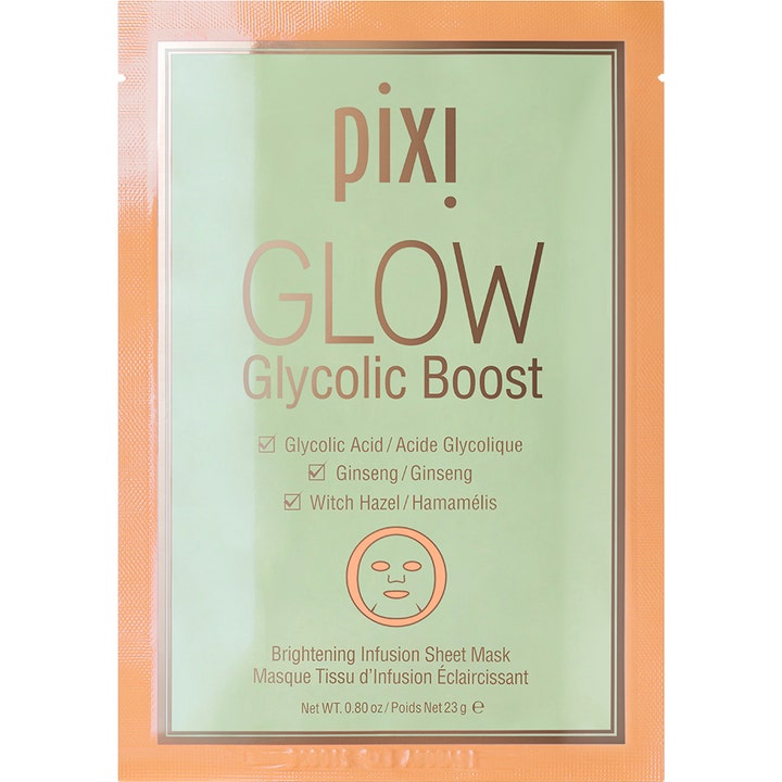 Pixi Glow Glycolic Boost 23 g brightening sheet maske i lysegrøn sachet med ferskenfarvet kant og illustration.