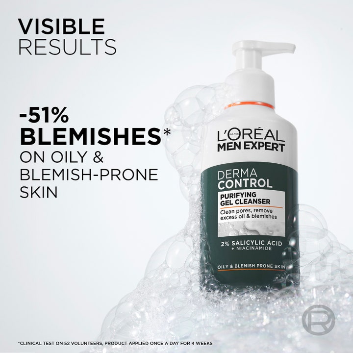 L'Oréal Paris Men Expert Derma Control Purifying Gel Cleanser 150 ml mod urenheder i hvid pumpeflaske med skum