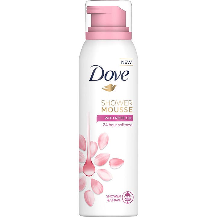 Dove Shower Mousse with Rose Oil 200 ml plejende kropsvask i hvid sprayflaske med lyserødt pumpehoved og rosenblade