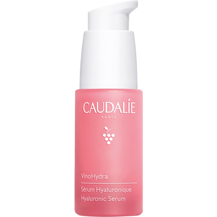 Caudalie VinoHydra Hyaluronic Serum 30 ml fugtgivende ansigtsserum i lyserød frostet glasflaske med hvid pumpe