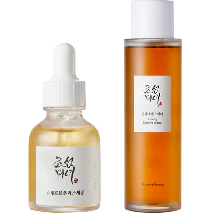Beauty of Joseon Glow Serum og Ginseng Essence Water hudplejesæt for glød i glasflaske med pipette og høj gylden flaske