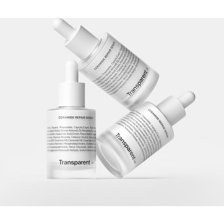 Niche Beauty Lab Transparent Lab Ceramide Repair Moisturizer 30 ml reparerende ansigtscreme i tre hvide pipetteflasker
