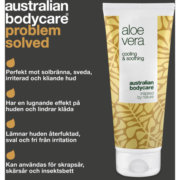 Australian Bodycare Aloe Vera Gel 100 ml kølende bodygel til irriteret hud i hvid tube med guld bladmønster