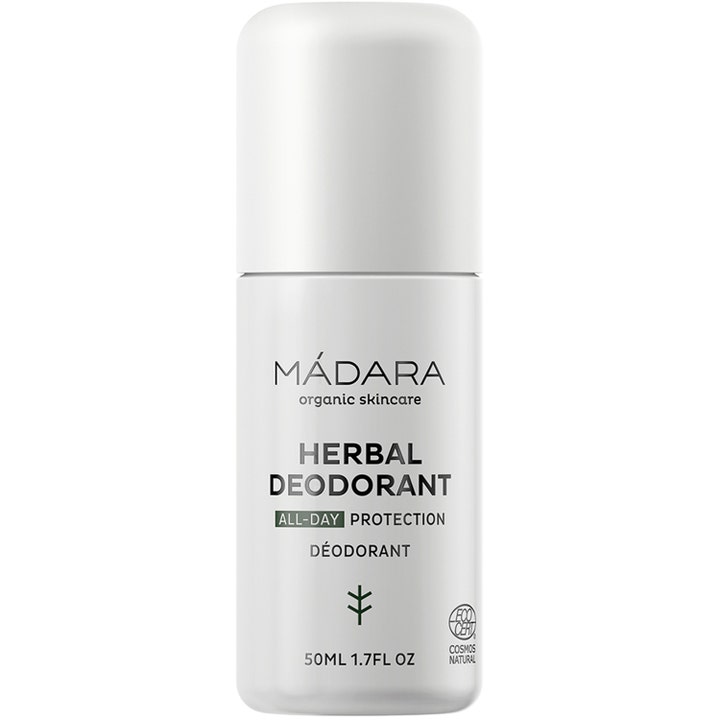 Mádara Herbal Deodorant 50 ml beskyttende økologisk deodorant i en enkel hvid roll-on beholder med sort skrift
