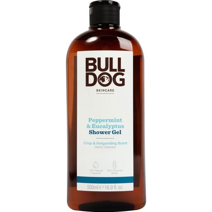 Bulldog Peppermint & Eucalyptus Shower Gel 500ml opfriskende kropsvask i brun gennemsigtig flaske med hvid label.