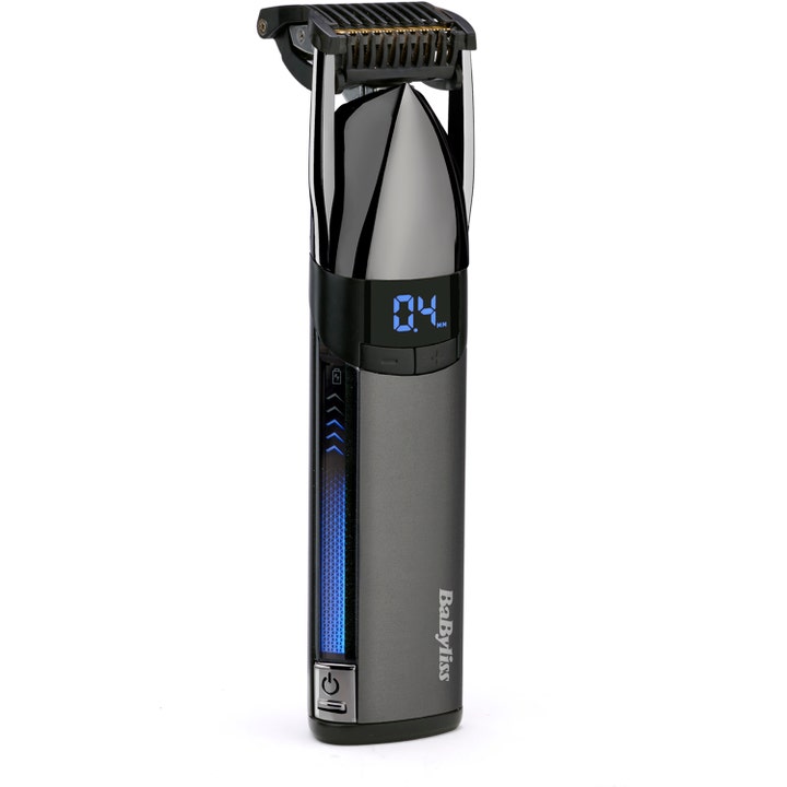 BaByliss skægtrimmer til præcis trimning med grå metalfinish og blåt LED-display der viser 0,4 mm
