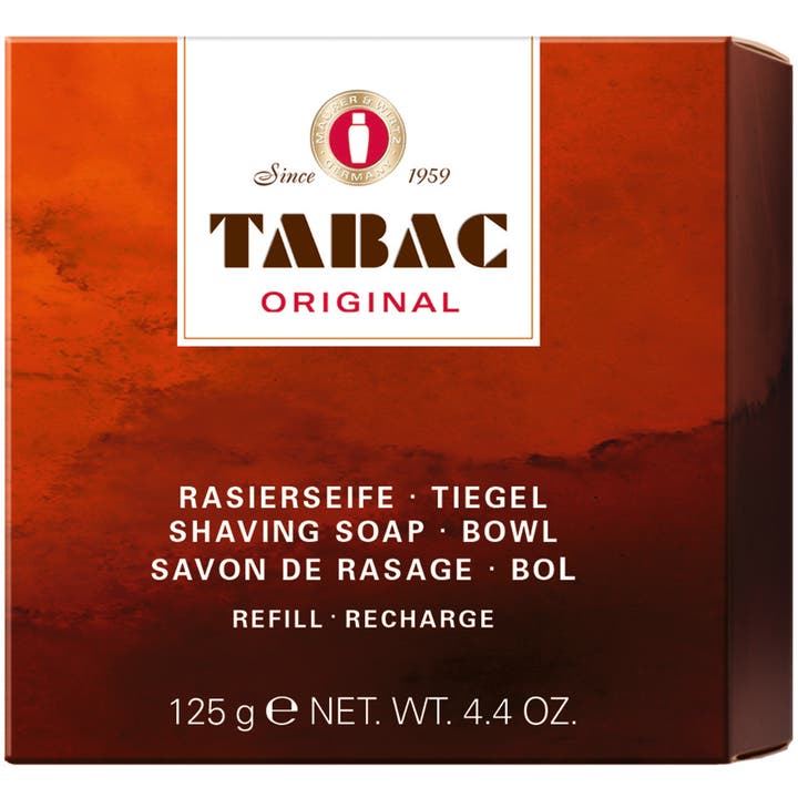 Tabac Original Shaving Soap 125g barbersæbe der giver en tæt barbering i en mørkeorange og brun papæske