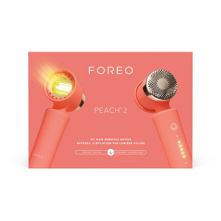FOREO PEACH 2 IPL-hårfjerning i ferskenfarvet æske med billede af apparatets lysvindue og kontrolknapper.