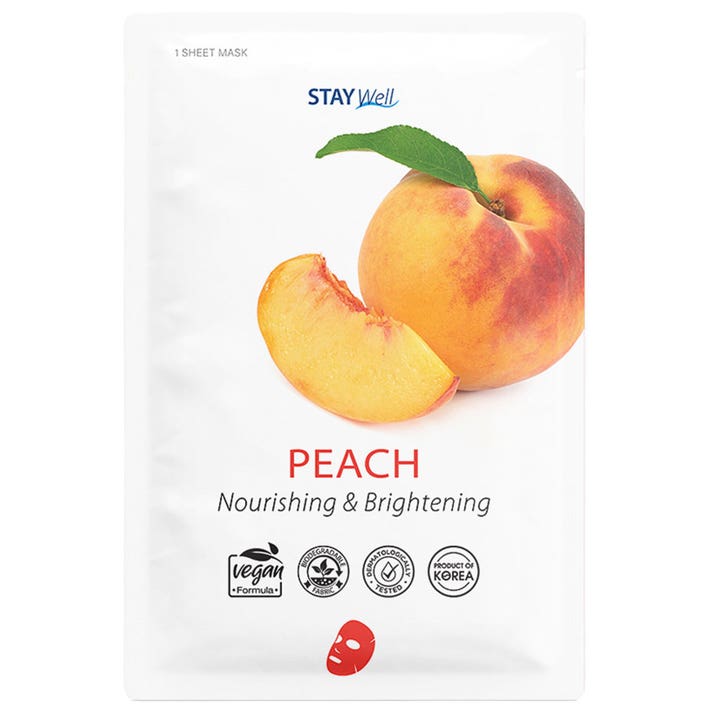 Stay Well Peach Nourishing & Brightening 1 stk ansigtsmaske der giver næring og glød i hvid sachet med en saftig fersken.