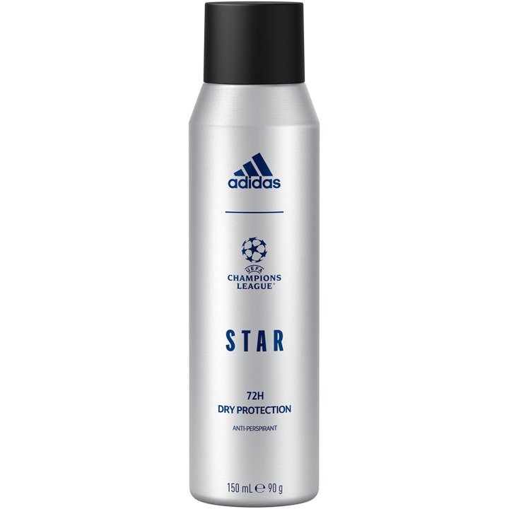 Adidas UEFA Champions League Star 150 ml anti-perspirant spray giver 72 timers beskyttelse i sølvfarvet metalbeholder
