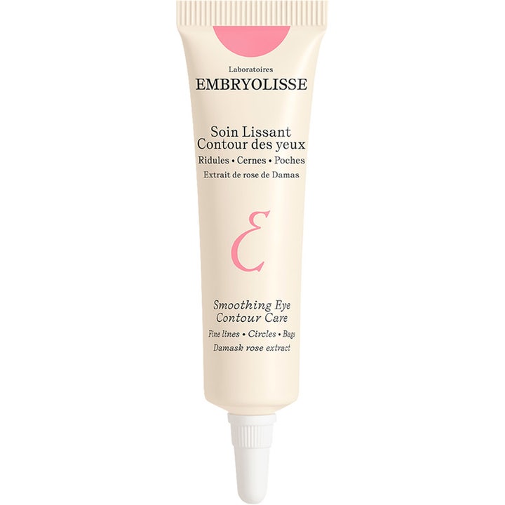 Embryolisse Smoothing Eye Contour Care 15 ml udglattende øjencreme i en beige tube med lyserøde detaljer.