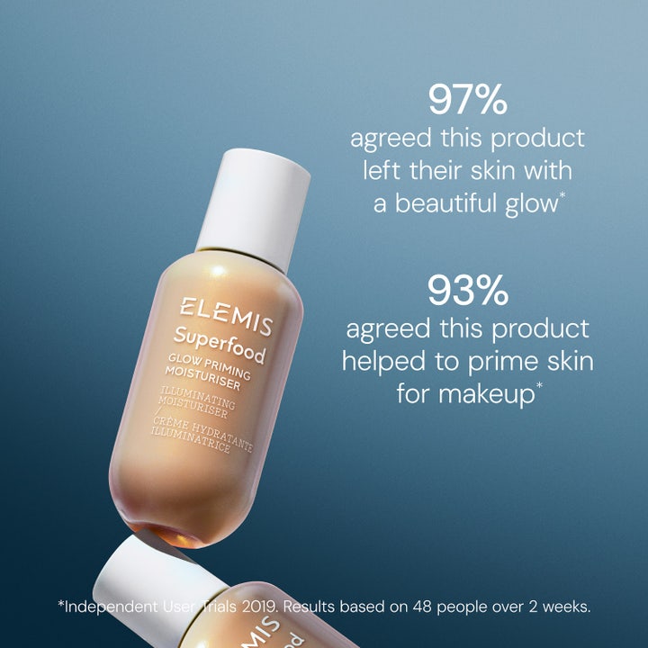 Elemis Superfood Glow Priming Moisturiser 60 ml giver glød og primer huden vist med 97% og 93% resultater