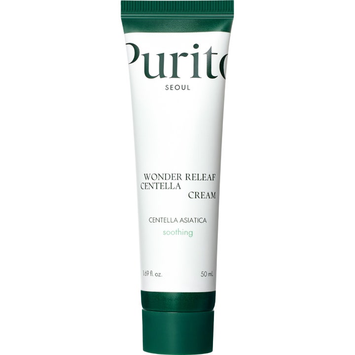 Purito Seoul Wonder Releaf Centella Cream 50 ml beroligende ansigtscreme i hvid tube med mørkegrønt låg.
