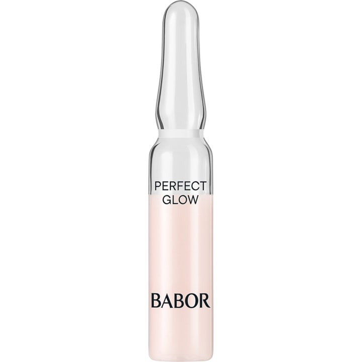 Babor Perfect Glow ampul glow-givende ansigtsserum i klar glasampul med lyserød væske og sort tekst