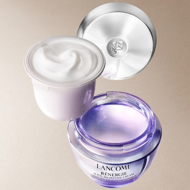 Lancôme Rénergie H.P.N. UVMUNE Cream SPF50 50 ml anti-age dagcreme refill med cremet tekstur i lilla glaskrukke.