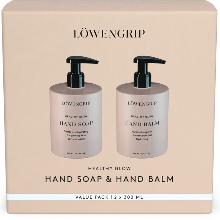 Löwengrip Healthy Glow Hand Soap & Hand Balm 2 x 300 ml håndpleje for glødende hud i beige æske med pumpeflasker