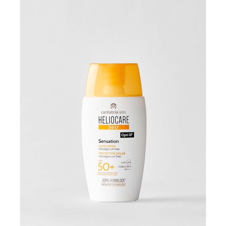 Heliocare 360 Sensation SPF 50+ 50 ml oliefri solcreme til ansigtet i hvid flakon med gult låg