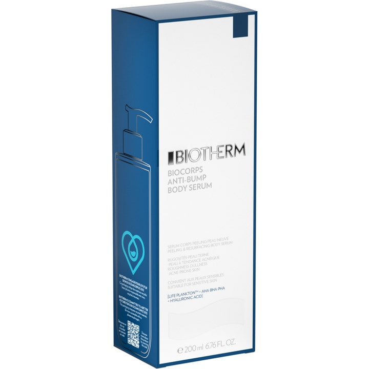 Biotherm Biocorps Body Serum 200 ml eksfolierende kropsserum i hvid og blå æske med AHA BHA PHA
