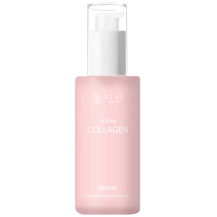 Stay Well Vegan Collagen Serum nærende og opstrammende serum i en lys pink frostet flaske med hvid pumpe