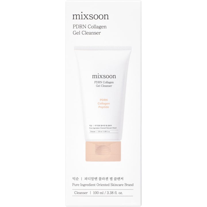 Mixsoon PDRN Collagen Gel Cleanser 100 ml koreansk hudpleje i hvid æske med illustration af tube og ferskenfarvet låg