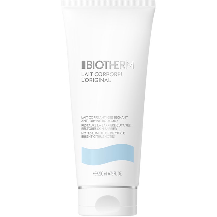 Biotherm Lait Corporel L'Original 200 ml fugtgivende bodylotion i en hvid tube med lyseblå bølge og sølvdetalje