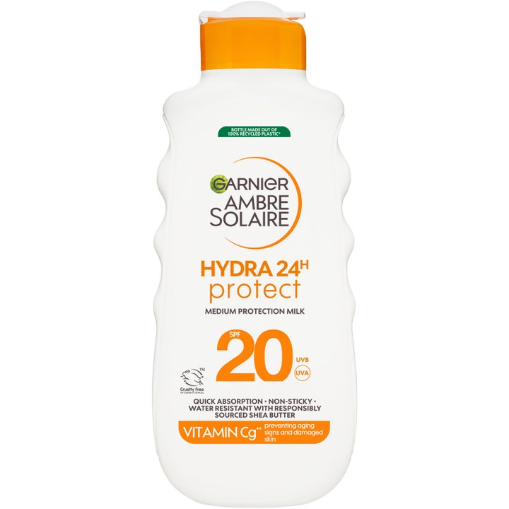 Garnier Ambre Solaire Hydra 24H Protect SPF 20 fugtgivende solcreme i hvid plastflaske med buede sider og orange låg