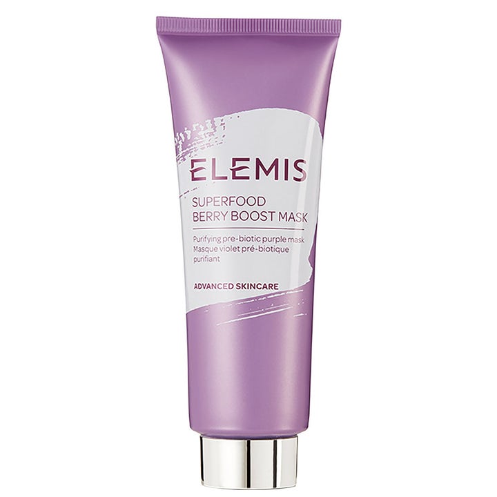 Elemis Superfood Berry Boost Mask rensende ansigtsmaske i lilla tube med hvidt mønster og sølvlåg