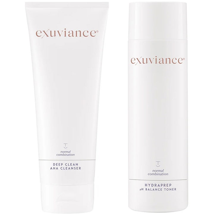 Exuviance Deep Clean AHA Cleanser og HydraPrep pH Balance Toner eksfolierende ansigtspleje i hvid tube og flaske