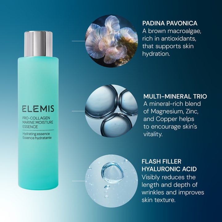 Elemis Pro-Collagen Marine Moisture Essence 100 ml fugtgivende essence i turkis flaske med hyaluronsyre grafik