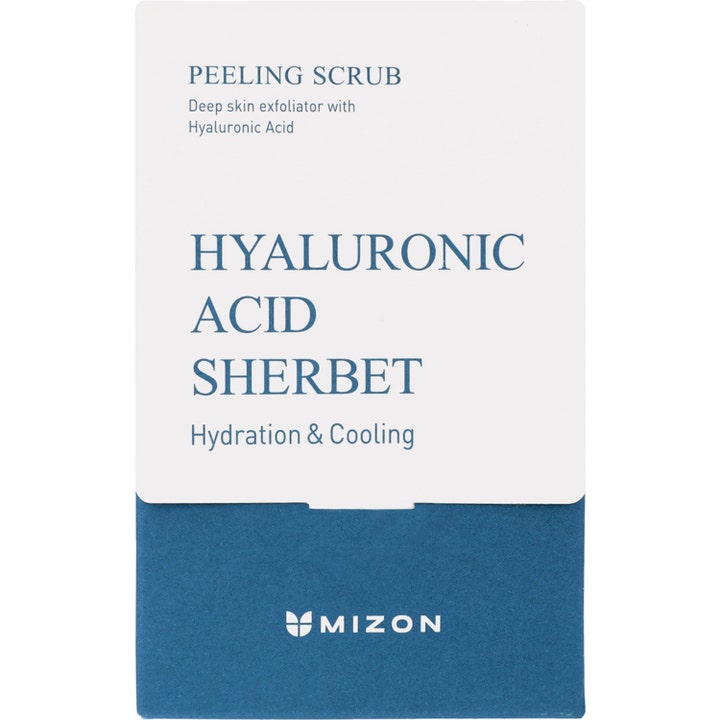 Mizon Hyaluronic Sherbet Peeling Scrub 5 g fugtgivende ansigtsskrub i blå og hvid emballage der giver kølende pleje