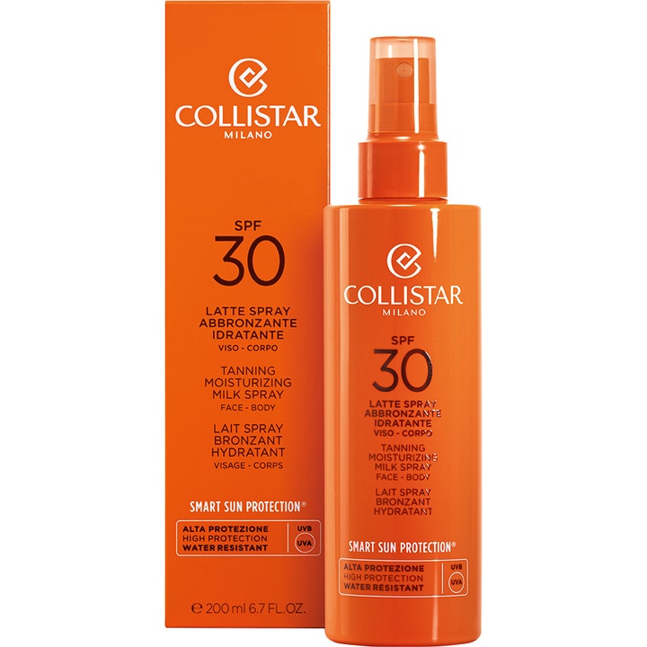 Collistar Tanning Moisturizing Milk Spray 200 ml SPF30 fugtgivende solbeskyttelse i orange sprayflaske og æske.