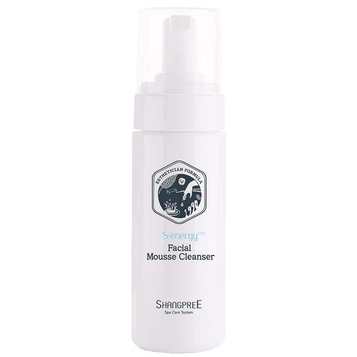 Shangpree S-energy Facial Mousse Cleanser 150 ml beroliger huden i hvid plastflaske med skumpumpe og gennemsigtigt låg