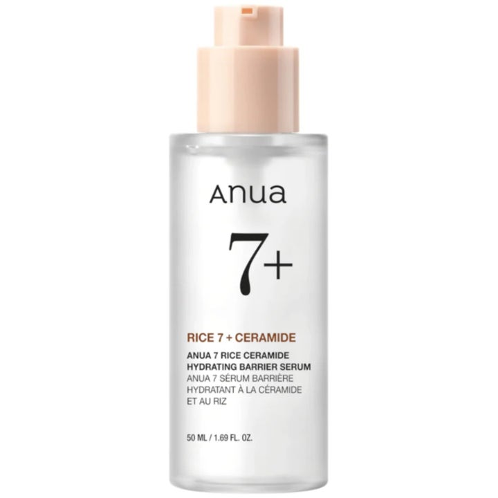 Anua Rice 7+ Ceramide Hydrating Barrier Serum 50 ml fugtgivende serum i frostet flaske med ferskenfarvet pumpe