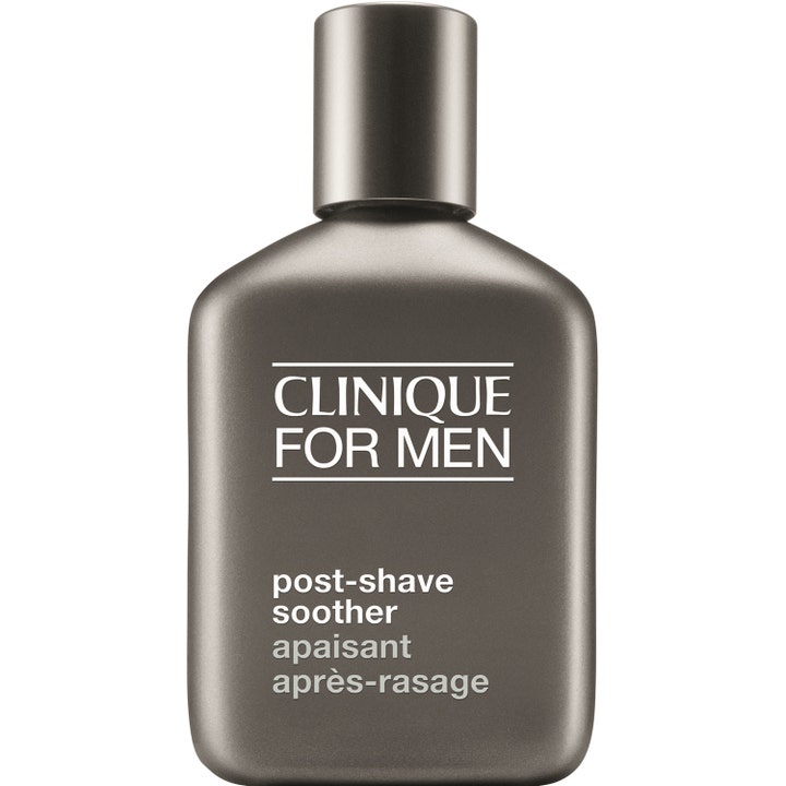 Clinique For Men Post-Shave Soother beroligende aftershave i en mørkegrå mat flaske der lindrer huden efter barbering.