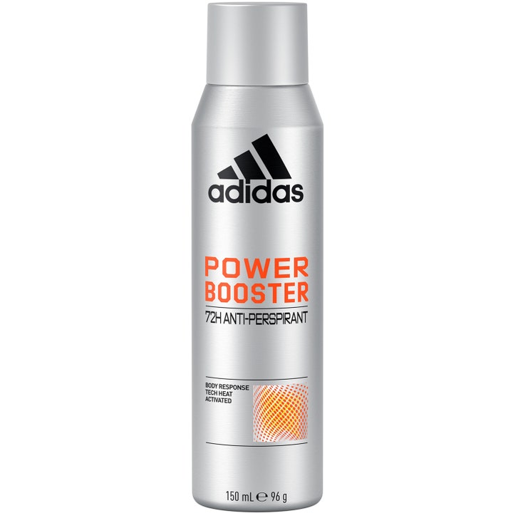 Adidas Power Booster 150 ml anti-perspirant spray mod sved i en sølvfarvet sprayflaske med orange detaljer og gråt låg