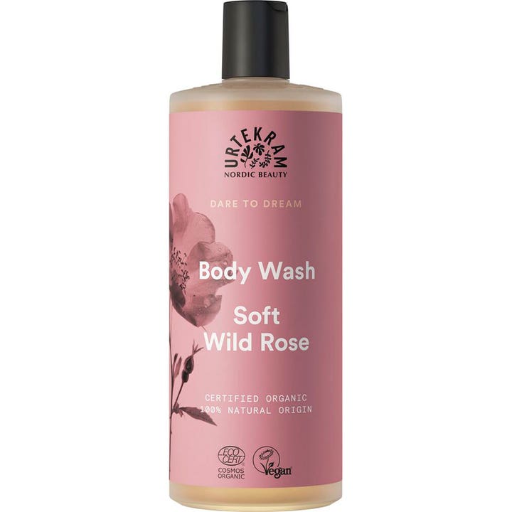 Urtekram Soft Wild Rose Body Wash økologisk kropsvask der plejer huden i gennemsigtig flaske med rosa label