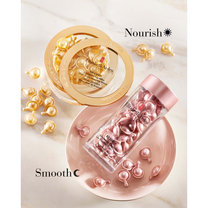Elizabeth Arden Advanced Ceramide 60 kapsler genopbyggende serum med guld og pink kapsler mærket Nourish og Smooth
