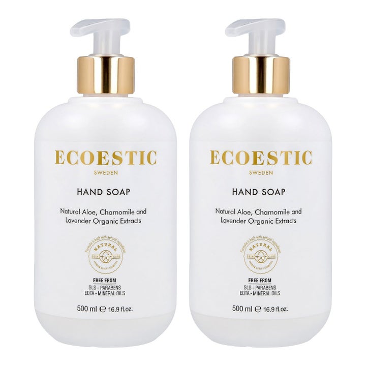 Ecoestic Hand Soap 500 ml duo med aloe vera og lavendel i hvide flasker med pumpe og elegante gulddetaljer.