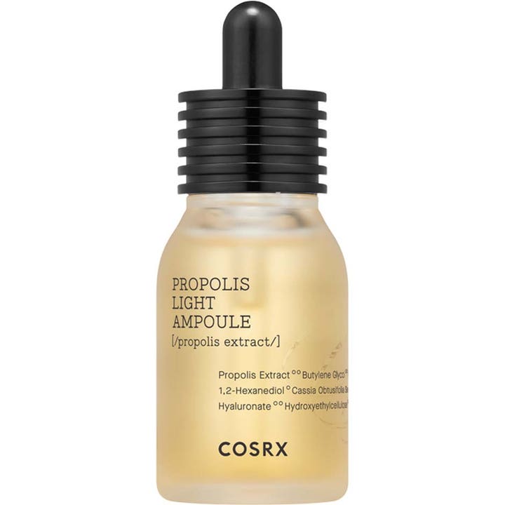COSRX Propolis Light Ampoule 30ml fugtgivende serum i frostet glasflaske med sort riflet pipette-låg