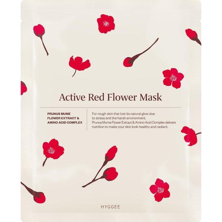 Hyggee Active Red Flower Mask 1 stk nærende ansigtsmaske i hvid emballage med røde blomster der giver sund glød