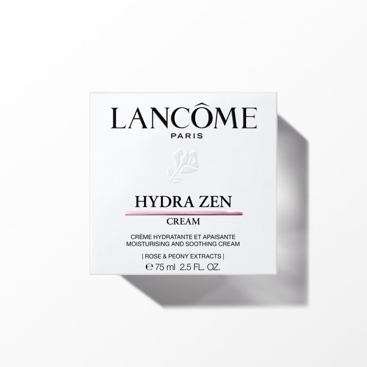 Lancôme Hydra Zen 75 ml beroligende dagcreme i hvid yderemballage med rose- og pæonekstrakter
