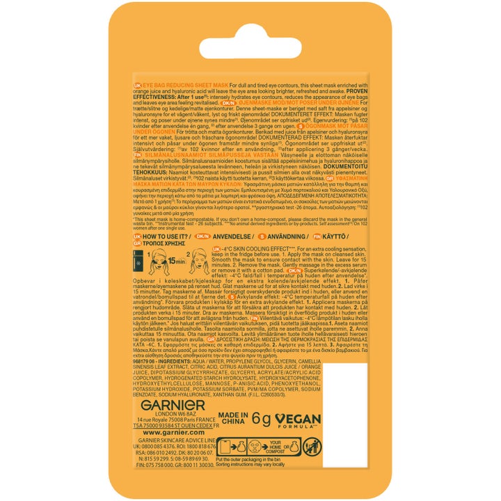 Garnier Skin Active Vitamin C 6g sheet mask til øjne der reducerer poser på orange bagside med brugsanvisning